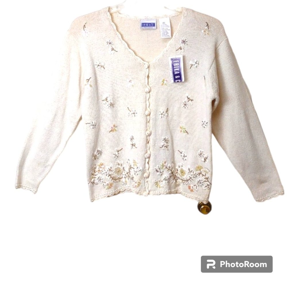 Vintage Erika Ivory Cotton/Ramie Embellished Cardigan Crochet Trim Beads PM